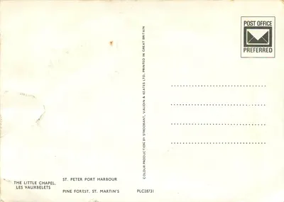Mała kaplica w Les Vauxbelets — Guernsey — wydawca Keates Ltd. — Rewers