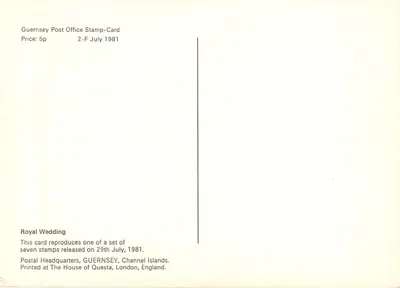 Princess Diana — ślub królewski — Guernsey, 29.7.81, wydawca Questa — Rewers