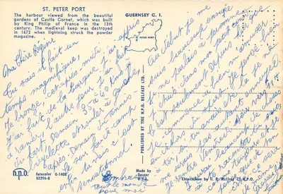 St Peter Port — vista do porto a partir dos jardins do Castle Cornet — publicado por Guernsey C.I. e Dexter Ltd. — Verso