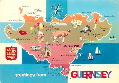 Guernesey — Carta postal ilustrada com mapa da ilha e cenas locais — John Hinde Limited, Dublin