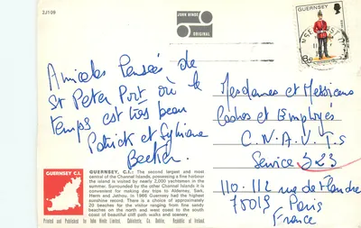 Guernesey — Carta postal ilustrada com mapa da ilha e cenas locais — John Hinde Limited, Dublin — Verso