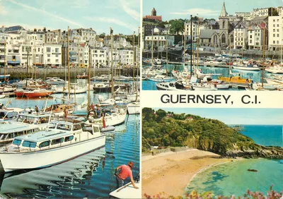 Guernesey, C.I. — Vista do porto, da cidade e de uma praia — John Hinde Studios, n° 2GY 25