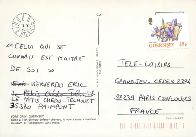 Fort Grey, Guernsey — zachód słońca — A. & J. Wholesale Jersey — Rewers