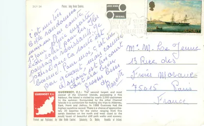 Guernesey, C.I. — widok portu, ferry i zamku — John Hinde Limited, seria CUI59 — Rewers