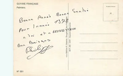 Palmiers — Guyane Francuska — Wydawnictwo P. Dubois / Drugstore des Palmiers, N° 551 — Rewers