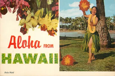 Flores e dançarina hula — Hula Maid — editada por the Continental card of HAWAII