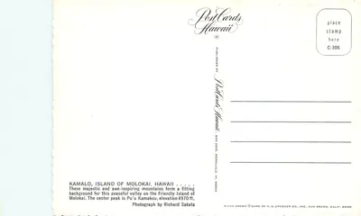 Kamalo, Ilha de Molokai, Hawaii — vista de vale e montanhas — PostCards Hawaii, n° C-306 — Verso