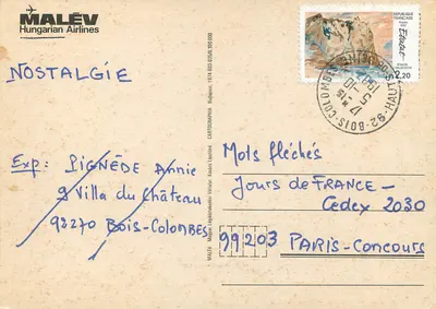 Stara pocztówka Europejska — Malév Hungarian Airlines — Nostalgie — Rewers