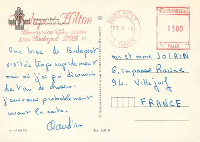 Budapest — Vistas externas do Hotel Hilton — editor D. Pest Hilton, n° 1104/773 — Verso