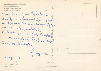 Ovos de Páscoa decorados — galhos de salgueiro — diante de uma casa com telhado de colmo — editor Képzművészeti Alap Kiadóvállalat, Budapeste, n° 407/774 — Verso