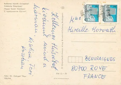 Wielkanoc — kolorowe jajka i gałęzie wiosennych osik — Képzőművészeti Alap Kiadóvállalata, Budapeszt, n° 155/744 — Rewers