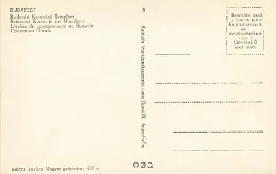 Budapeszt — Kościół koronacyjny Budapesztu — Valódi Ienykép Magyar gyártmány 459 sz — Rewers
