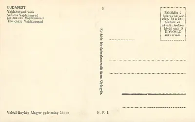 Zamek Vajdahunyad — Budapeszt — wydawca Valódi fénykép Magyar gyártmány 224 sz. — Rewers