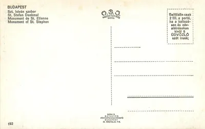 Budapeszt — Pomnik Świętego Étienne — wydawca Sárai S. Rotációs Fényképsorosító — Rewers