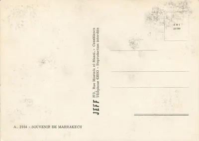 Souvenir de Marrakech — Marrakech — Uitgever JEFF, n° A.2184 — Achterkant