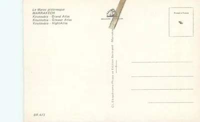 Marrakech — Wieża Koutoubia i zasne góry — Wydawnictwo Bertrand, BR.473 — Rewers