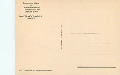 Widok basenu Hotelu Transatlantique w Meknès — Królestwo Maroka — Wydane przez O.N.C.F. - IDÉALE Casa — Rewers