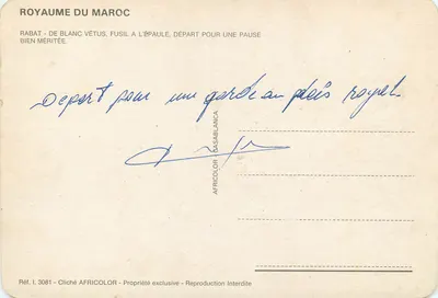 Rabat — Guarda real em uniforme branco — AFRICOLOR, Réf. I. 3081 — Verso