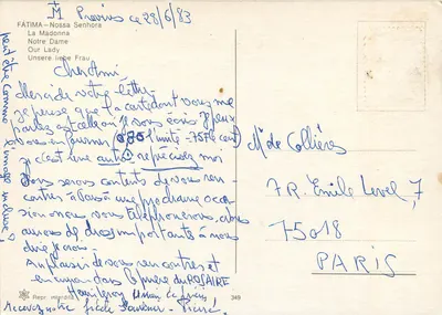 Nossa Senhora de Fátima — representação religiosa — editor Hémiligray, n°349 — Verso