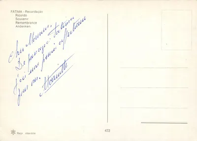 Fátima — Aparições da Virgem — Editor Repr. interdita n° 472 — Verso