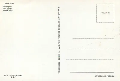 Galo típico — Edição a cores n° 81 — J. VALLE — Lisboa — Verso