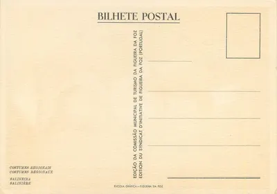 Kobieta nosząca koszyk na głowie — stroj regionalny — wydanie Komisji Miejskiej Turystyki Figueira da Foz (Portugalia) — Rewers