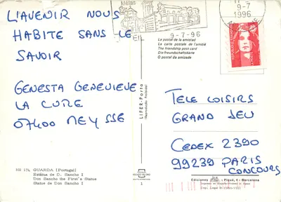 Estátua de Don Sancho I — Guarda (Portugal) — Editor LIFER-PORTO, n° 174 — Verso