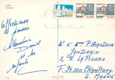 Lagos — widok panoramiczny z wysokimi skałami, portem i kościołem — wydawca M. 1110 — Rewers