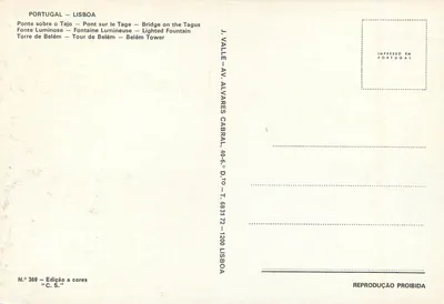 Lisboa — Ponte 25 de Abril, Torre de Belém, Fonte Luminosa — J. Valle, n° 369 — Verso