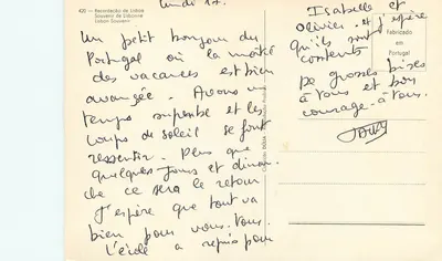 Lisbona — panoramiczny widok z Wieżą Belém, mostem 25 kwietnia i Placem Handlowym — wydawca Dúlia, n° 420 — Rewers