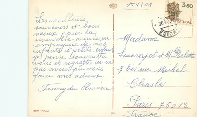 Panoramiczny widok Lizbony — z rzeką Tagus, Pałacem Belém i dzielnicą Alfama — wydawca COMER, nr 638 — Rewers