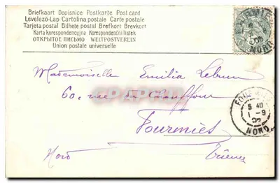 Port w Boulogne-sur-Mer — widok portu z statkami i kościołem — wydawca Bongeon — Rewers