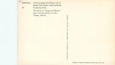 Torre della chiesa dei Clerigi — vista dai giardini di João Chagas — editore Arthur Dixon Ltd, n°47 — Verso