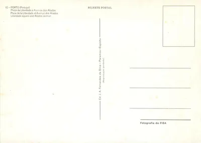 Praça da Liberdade e Avenida dos Aliados — Porto — Ed. J.A. Fernandes da Silva — Verso