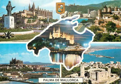 Palma de Mallorca — vista panorâmica com catedral, castelo e estátua — Escudo de Ora Baleares, S.A. n° 2465