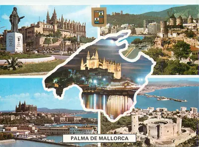 Palma de Mallorca — vista panorâmica com catedral, estátua, castelo e porto — FISA I.G. - Palaudarias, 26 - Barcelona