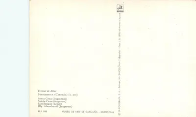 Santa Ceia (fragmento) — Frontal de altar de Suriguerola (Cerdanya, s. XIII) — editor LA POULGRAFA, S.A., BARCELONA — Verso