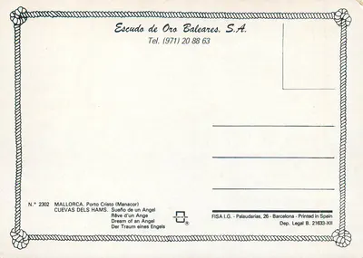 Cuevas dels Hams — Porto Cristo (Manacor) — Escudo de Oro Baleares, S.A. nr 2302 — Rewers