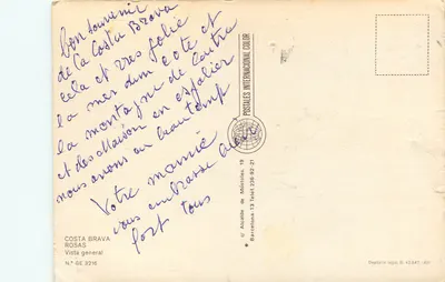 Bilhete postal moderno Rosas costa brava vista geral — Verso