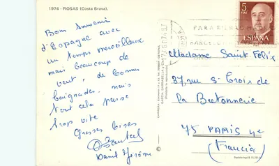 Rosas - Costa Brava — turystyczna karta pocztowa z mapą drogową i widokiem zatoki i plaży — Rewers