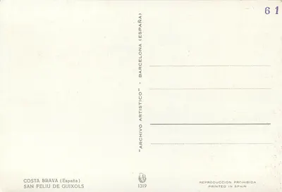 San Feliu de Guixols — Costa Brava (Hiszpania) — Archivo Artístico (Hiszpania) n°1319 — Rewers