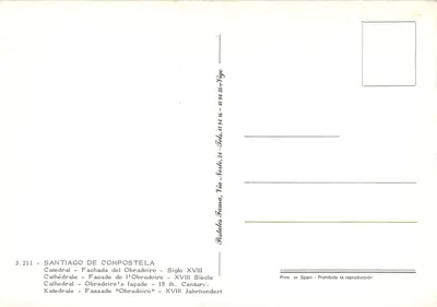 Santiago de Compostela — Catedral, fachada de Obradoiro — século XVIII — editor Vigo — Verso