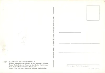 Główna brama Hostal des Rois Catholiques — Santiago de Compostela — POSTALES FAMA — Rewers