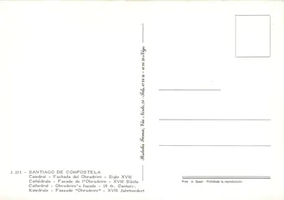 Santiago de Compostela — Katedra, fasada Obradoiro — XVIII wiek — Postales Frana, n° 3.211 — Rewers