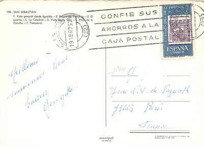 San Sebastián — vista panoramica, cattedrale, spiaggia, porto — editore Manipel, n° 108 — Verso