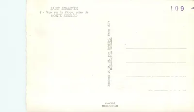 Saint-Sébastien — Vista da praia tirada do Monte Igueldo — Edições C. D. Bopillot, Paris — Verso