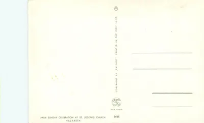 Uroczystość Wielkiego Wyzwolenia w kościele św. Józefa w Nazaretach — wydrukowane przez Palphot, seria 6648 — Rewers