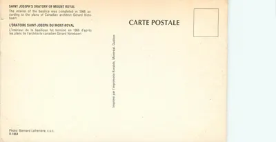 Oratorium św. Józefa na Mount Royal — wnętrze basyliki — wydrukowane przez Drukarnię Ronalds, Montreal, Quebec — Rewers