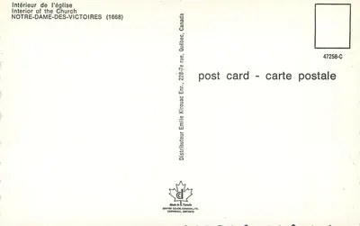 Wnętrze katedry Notre-Dame-des-Victoires — Quebec, Kanada — wydawca Dextre Color, Ontario — Rewers