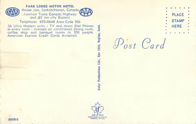 Park Lodge Motor Hotel — Moose Jaw, Canadá — Dexter Color, Ontario — Verso